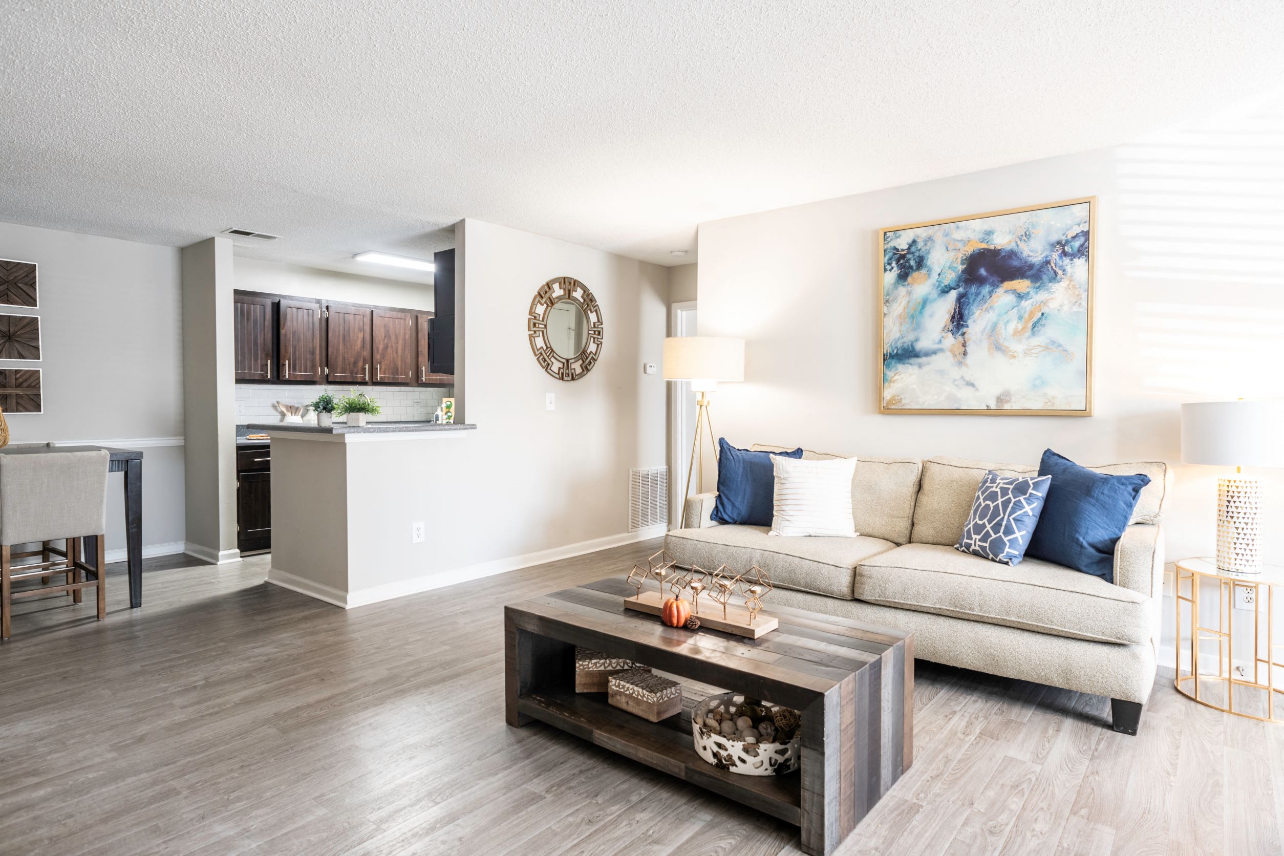 a living room with a couch and a coffee table